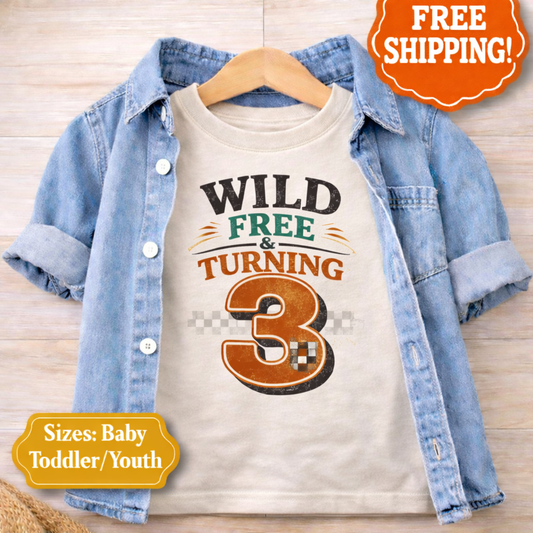Wild Free & Turning 3 Shirt – 3rd Birthday Boy Shirt – Western Racing Birthday Tee – Dirt Bike Birthday Outfit – Third Birthday Shirt Toddler