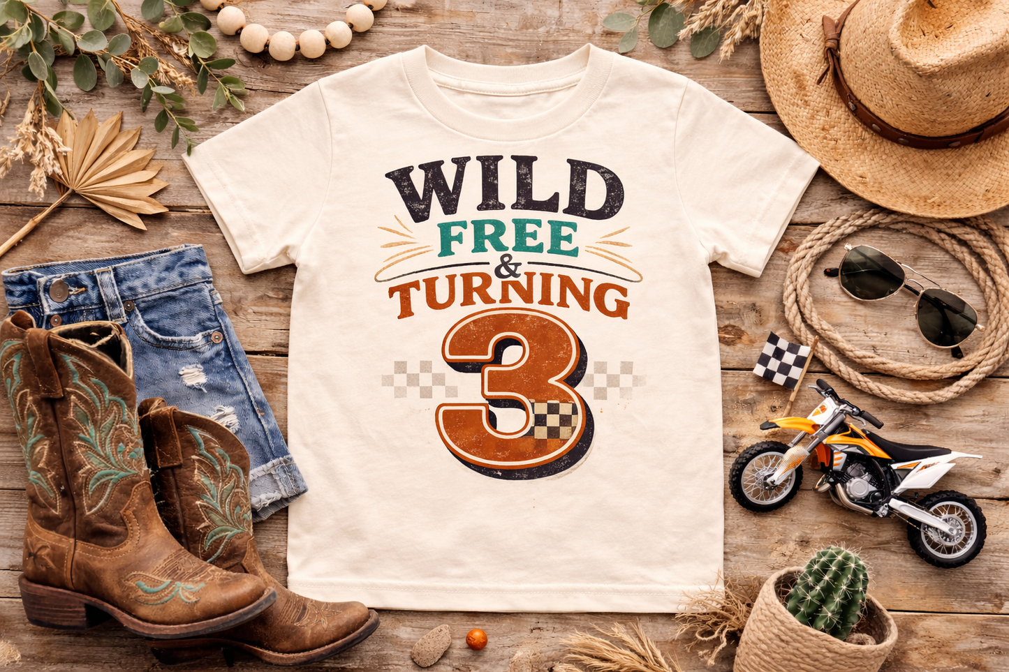 Wild Free & Turning 3 Shirt – 3rd Birthday Boy Shirt – Western Racing Birthday Tee – Dirt Bike Birthday Outfit – Third Birthday Shirt Toddler