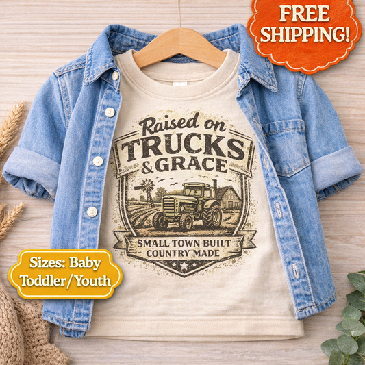 Raised on Trucks and Grace Shirt, Farm Kid Tractor Shirt, Country Boy Tee, Small Town Kids Shirt, Western Toddler Shirt, Rural Kids Graphic Tee