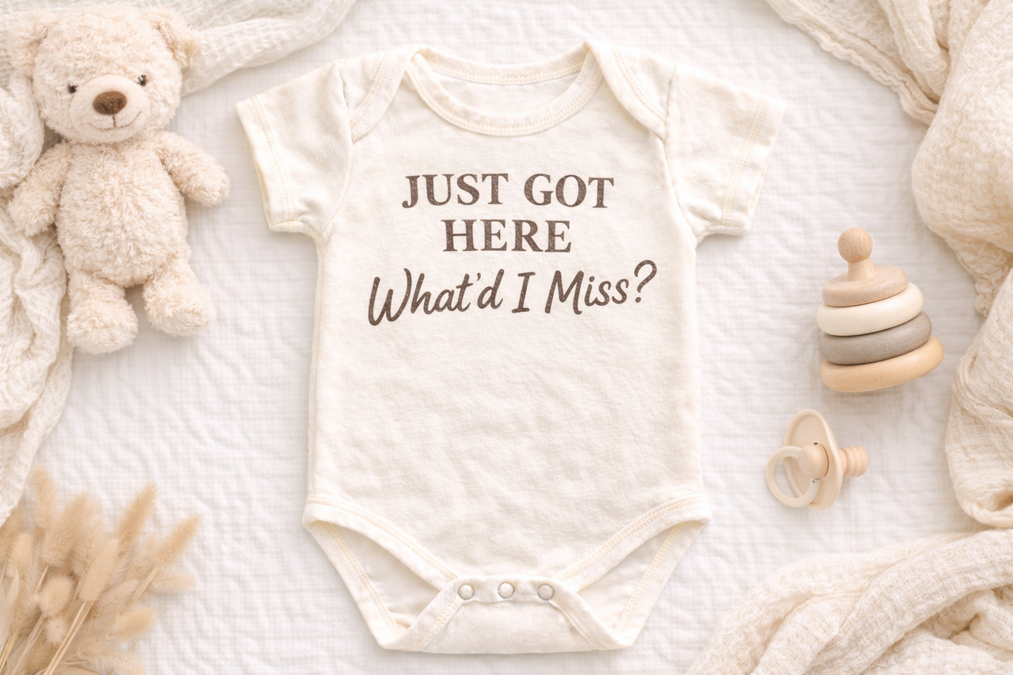 Just Got Here What’d I Miss Baby Onesie | Newborn Announcement Outfit | Neutral Hospital Going Home Outfit | Funny New Baby Bodysuit | Baby Shower Gift