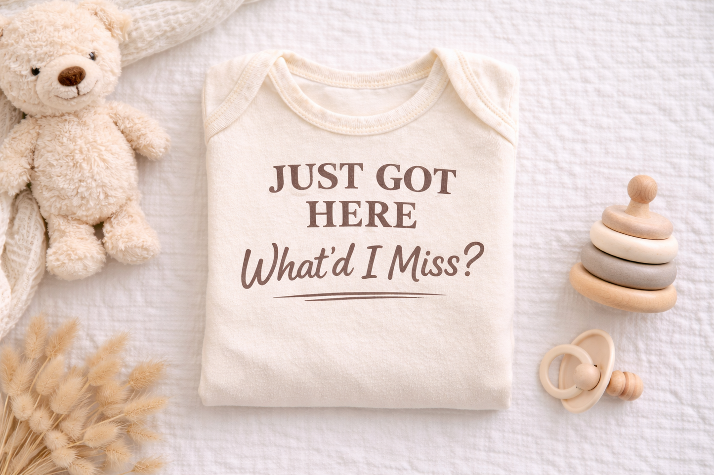 Just Got Here What’d I Miss Baby Onesie | Newborn Announcement Outfit | Neutral Hospital Going Home Outfit | Funny New Baby Bodysuit | Baby Shower Gift