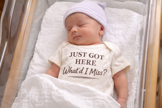 Just Got Here What’d I Miss Baby Onesie | Newborn Announcement Outfit | Neutral Hospital Going Home Outfit | Funny New Baby Bodysuit | Baby Shower Gift