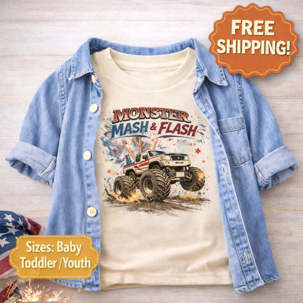 Monster Mash & Flash Monster Truck Shirt, Toddler Truck Shirt, Boys Monster Truck Tee, Kids Truck Shirt, Patriotic Truck Shirt, Monster Truck Kids Tee
