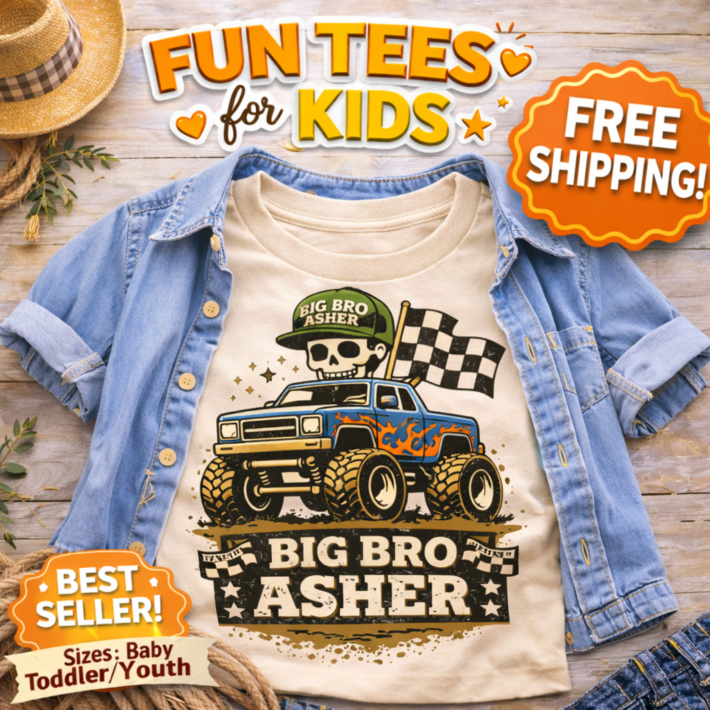Personalized Big Bro Monster Truck Shirt, Custom Big Brother Tee, Race Flag Sibling Reveal Top, Dirt Truck Kids Name Shirt Gift