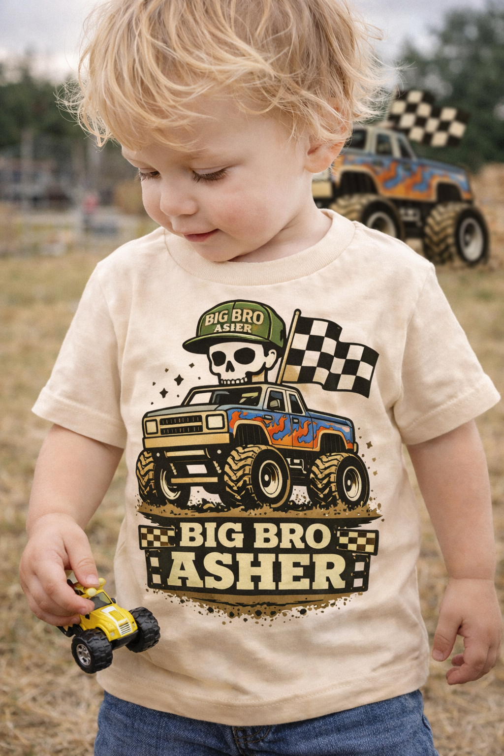 Personalized Big Bro Monster Truck Shirt, Custom Big Brother Tee, Race Flag Sibling Reveal Top, Dirt Truck Kids Name Shirt Gift