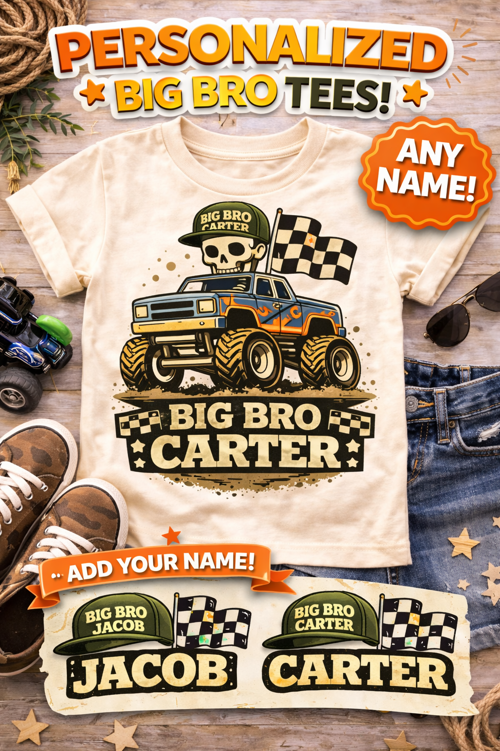 Personalized Big Bro Monster Truck Shirt, Custom Big Brother Tee, Race Flag Sibling Reveal Top, Dirt Truck Kids Name Shirt Gift