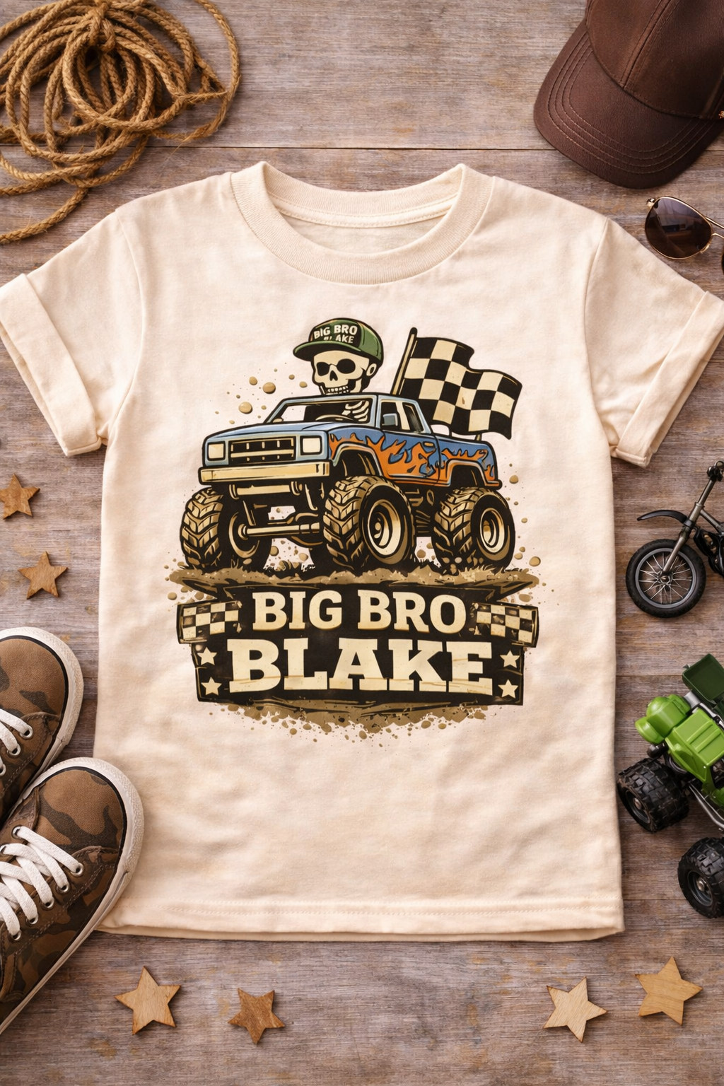 Personalized Big Bro Monster Truck Shirt, Custom Big Brother Tee, Race Flag Sibling Reveal Top, Dirt Truck Kids Name Shirt Gift