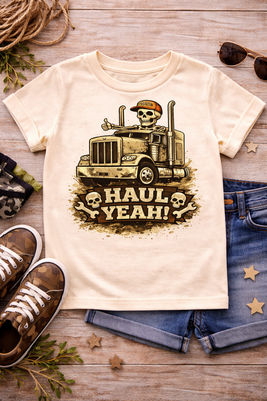 Haul Yeah Kids Truck Shirt, Funny Semi Truck Toddler Tee, Skeleton Trucker Graphic Top, Cool Big Rig Youth Shirt, Truck Lover Gift