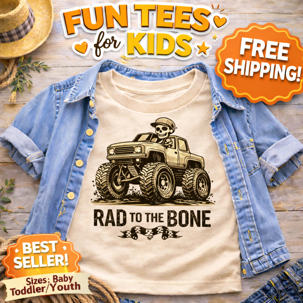 Rad To The Bone Kids Monster Truck Shirt, Skeleton Truck Toddler Tee, Cool Off Road Graphic Top, Retro Truck Lover Gift for Boys Girls