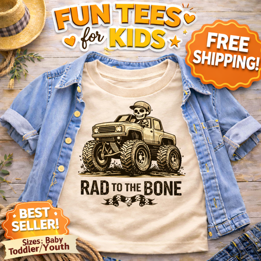 Rad To The Bone Kids Monster Truck Shirt, Skeleton Truck Toddler Tee, Cool Off Road Graphic Top, Retro Truck Lover Gift for Boys Girls