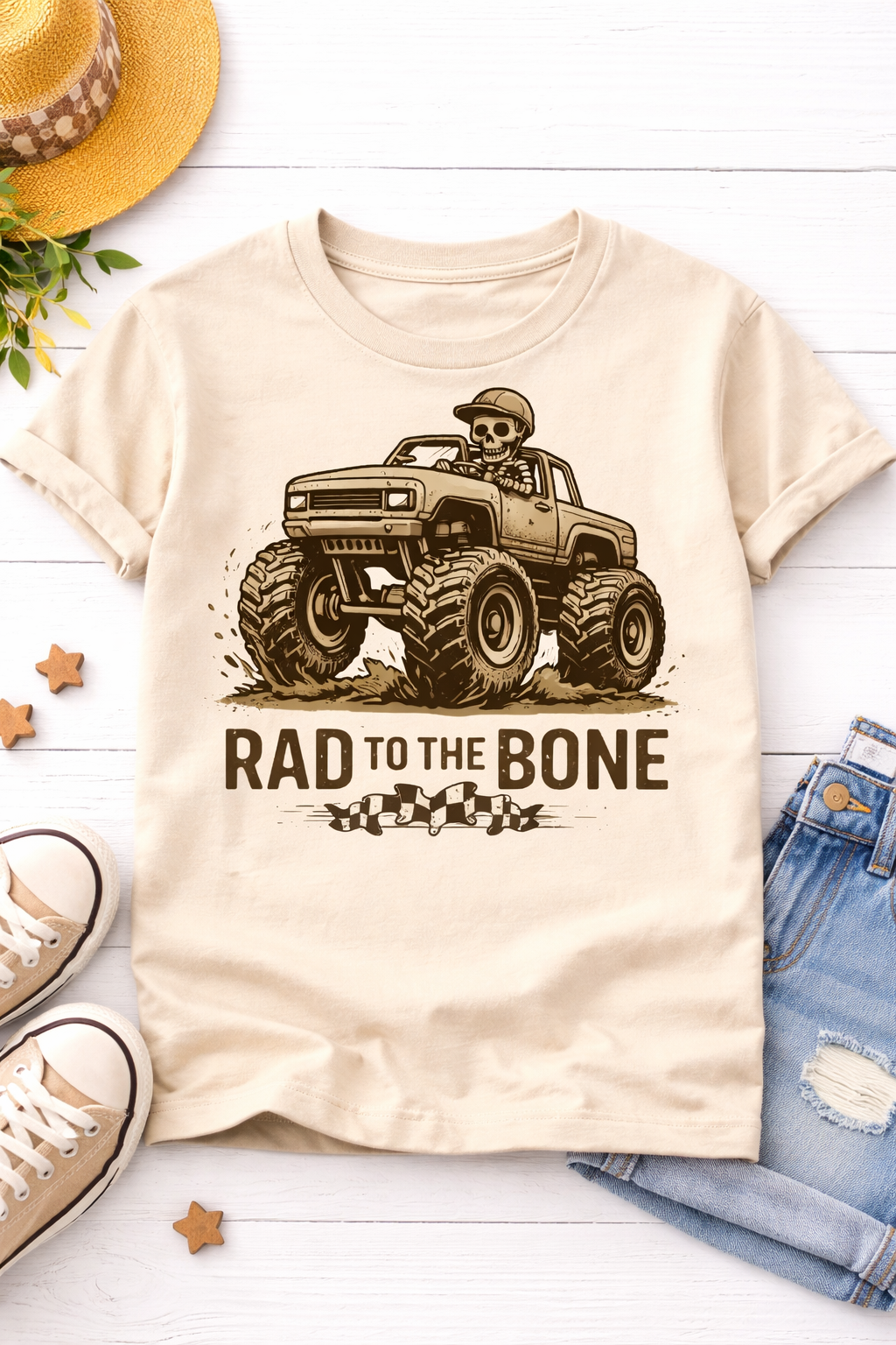 Rad To The Bone Kids Monster Truck Shirt, Skeleton Truck Toddler Tee, Cool Off Road Graphic Top, Retro Truck Lover Gift for Boys Girls