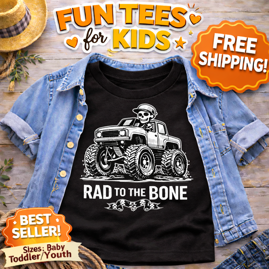 Rad To The Bone Monster Truck Kids Shirt, Skeleton Truck Toddler Tee, Cool Off Road Graphic Top, Black Truck Lover Gift Boys Girls
