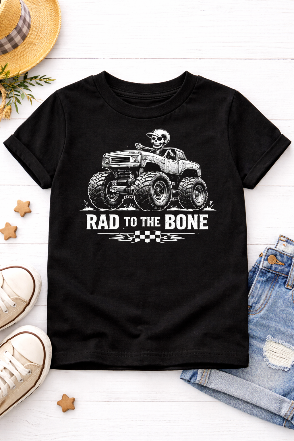 Rad To The Bone Monster Truck Kids Shirt, Skeleton Truck Toddler Tee, Cool Off Road Graphic Top, Black Truck Lover Gift Boys Girls