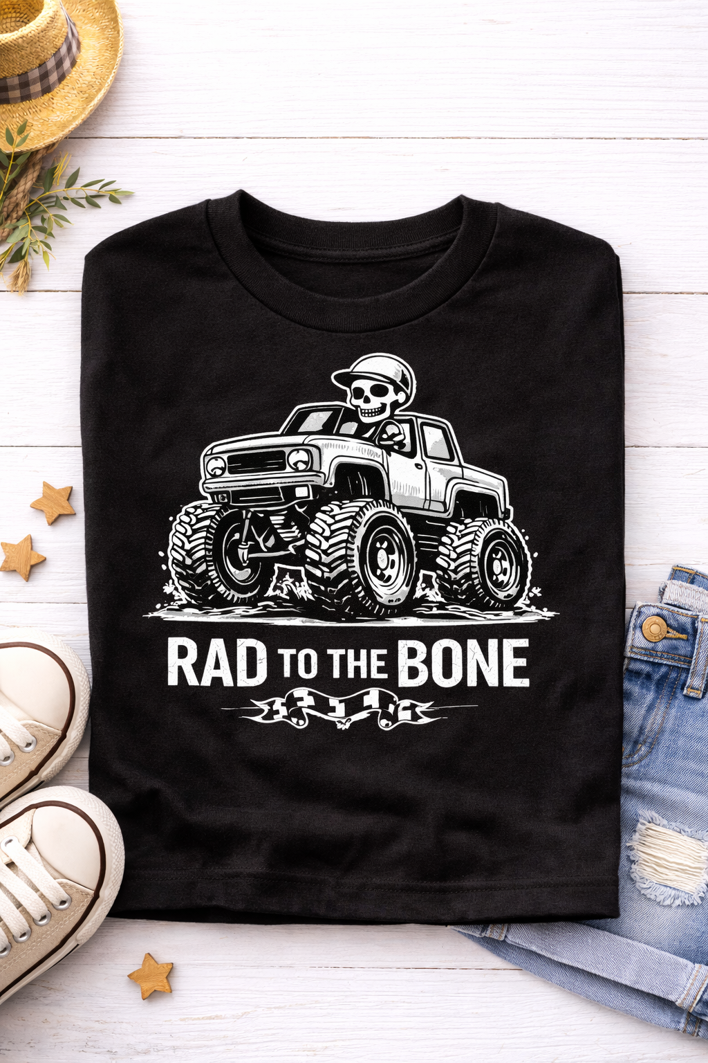 Rad To The Bone Monster Truck Kids Shirt, Skeleton Truck Toddler Tee, Cool Off Road Graphic Top, Black Truck Lover Gift Boys Girls