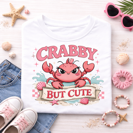 Crabby But Cute Toddler Beach Shirt, Cute Crab Graphic Tee for Girls, Summer Vacation Outfit, Seaside Kids T Shirt Gift Idea