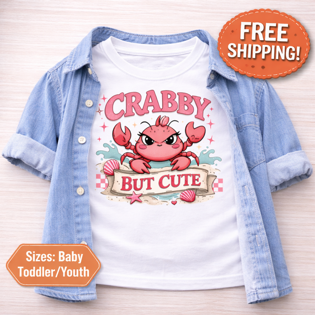 Crabby But Cute Toddler Beach Shirt, Cute Crab Graphic Tee for Girls, Summer Vacation Outfit, Seaside Kids T Shirt Gift Idea