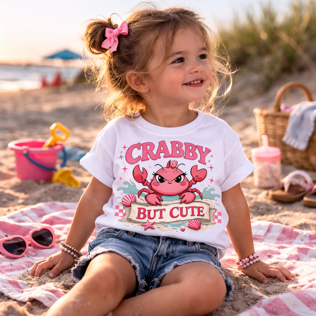 Crabby But Cute Toddler Beach Shirt, Cute Crab Graphic Tee for Girls, Summer Vacation Outfit, Seaside Kids T Shirt Gift Idea