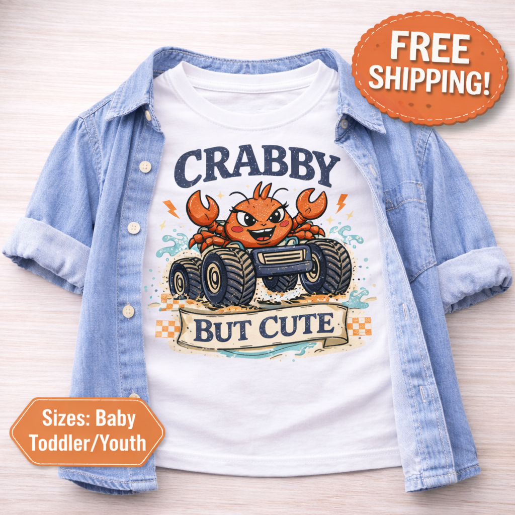 Crabby But Cute Toddler Shirt, Funny Crab Monster Truck Tee, Beach Vacation Kid Shirt, Summer Ocean Graphic Tee, Coastal Gift for Boys