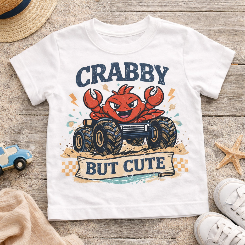 Crabby But Cute Toddler Shirt, Funny Crab Monster Truck Tee, Beach Vacation Kid Shirt, Summer Ocean Graphic Tee, Coastal Gift for Boys