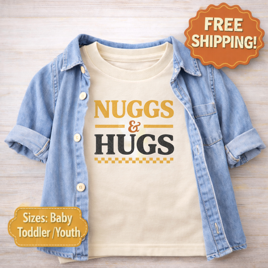 Nuggs and Hugs Toddler Shirt, Funny Chicken Nugget Kids Tee, Cute Fast Food Pun T Shirt, Birthday Gift for Boys Girls Toddlers Outfit