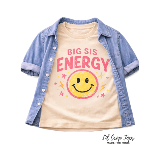 Big Sis Energy Shirt for Girls, Retro Smiley Face Sister Tee, Cute Big Sister Announcement Shirt, Sibling Reveal Gift for Kids