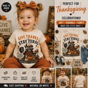 Give Thanks Stay Feral Thanksgiving Shirt, Funny Raccoon Shirt, Baby Thanksgiving Outfit, Toddler Turkey Day Shirt, Fall Kids Tee