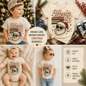 Kids Christmas Shirt 2026, Merry Christmas Toddler Tee, Vintage Santa Shirt, Baby Christmas Bodysuit, Retro Holiday Outfit for Kids