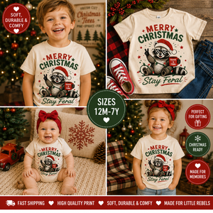 Funny Raccoon Christmas Shirt, Merry Christmas Stay Feral Tee, Retro Christmas Shirt for Kids, Baby Holiday Bodysuit, Toddler Christmas Outfit