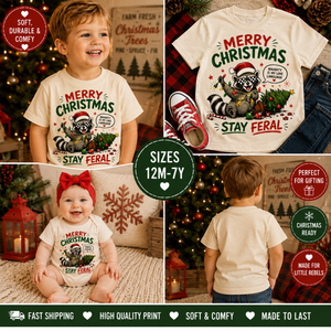 Merry Christmas Stay Feral Shirt, Funny Raccoon Christmas Shirt, Toddler Christmas Shirt, Baby Christmas Bodysuit, Retro Holiday Tee, Kids Christmas Outfit