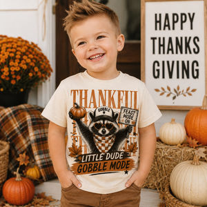 Funny Thanksgiving Shirt for Kids, Raccoon Thanksgiving Tee, Little Dude Gobble Mode Shirt, Toddler Thanksgiving Outfit, Fall Kids Shirt