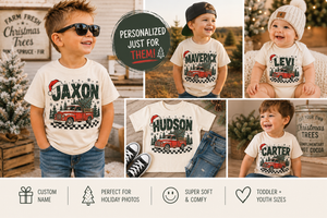 Personalized Christmas Truck Shirt, Custom Name Christmas Shirt, Vintage Red Truck Christmas Tee, Toddler Christmas Shirt, Kids Holiday Shirt, Christmas Gift