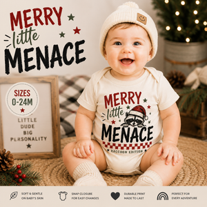 Merry Little Menace Shirt, Funny Christmas Baby Bodysuit, Raccoon Christmas Shirt, Toddler Christmas Outfit, Baby Holiday Shirt, First Christmas Gift