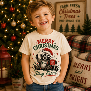 Funny Raccoon Christmas Shirt, Merry Christmas Stay Feral Tee, Retro Christmas Shirt for Kids, Baby Holiday Bodysuit, Toddler Christmas Outfit
