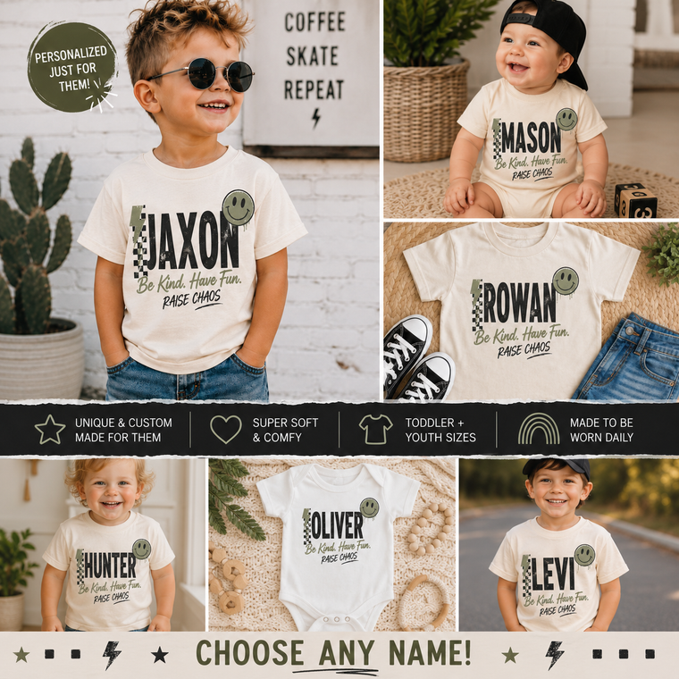 Personalized Kids Name Shirt, Custom Name Toddler Shirt, Personalized Boy Shirt, Custom Graphic Tee, Be Kind Have Fun Raise Chaos Shirt, Toddler Gift