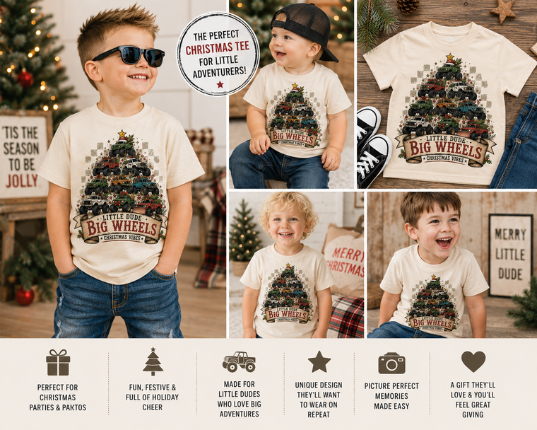 Monster Truck Christmas Shirt for Boys, Little Dude Big Wheels Tee, Toddler Holiday Shirt, Truck Lover Christmas Outfit, Kids Christmas Shirt