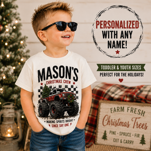 Personalized Monster Truck Christmas Shirt, Custom Name Christmas Shirt, Kids Christmas Truck Tee, Toddler Christmas Shirt, Christmas Crew Shirt, Holiday Gift