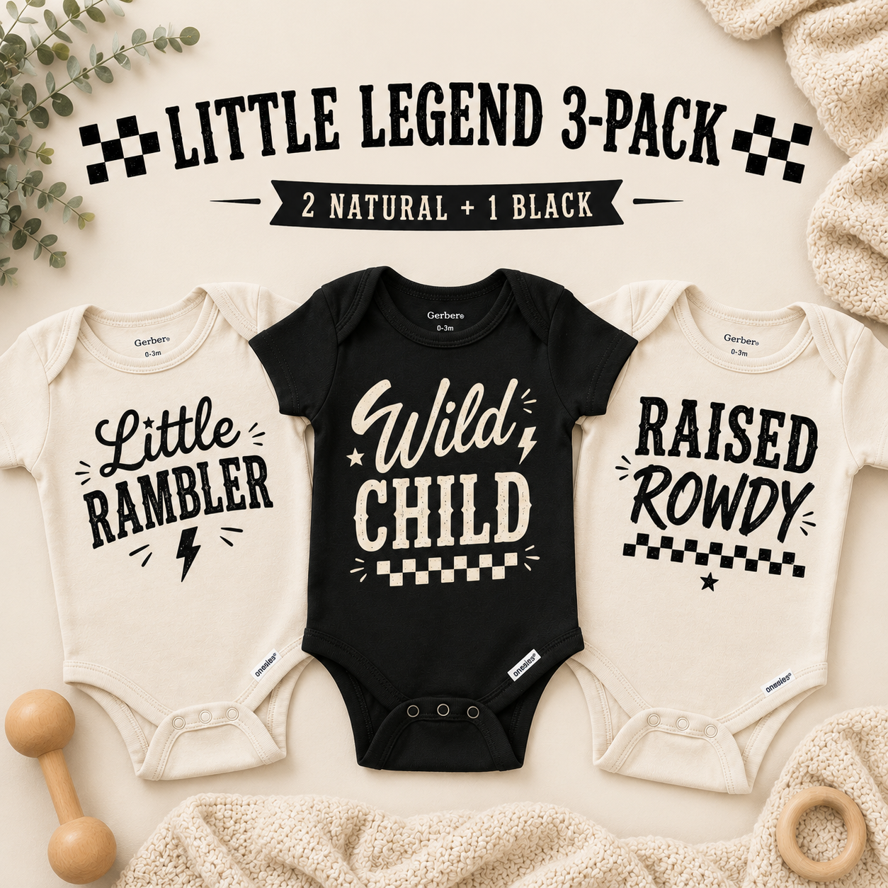 Little Legend 3 Pack Baby Onesies, Wild Child Baby Bodysuit Set, Neutral Baby Clothes, Funny Baby Shower Gift, Newborn Outfit Bundle
