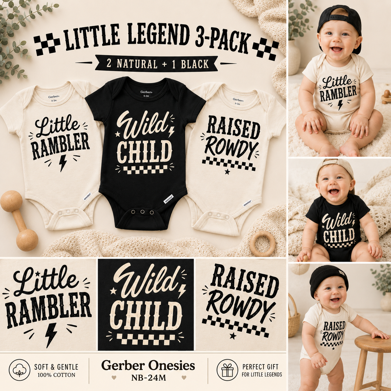 Little Legend 3 Pack Baby Onesies, Wild Child Baby Bodysuit Set, Neutral Baby Clothes, Funny Baby Shower Gift, Newborn Outfit Bundle