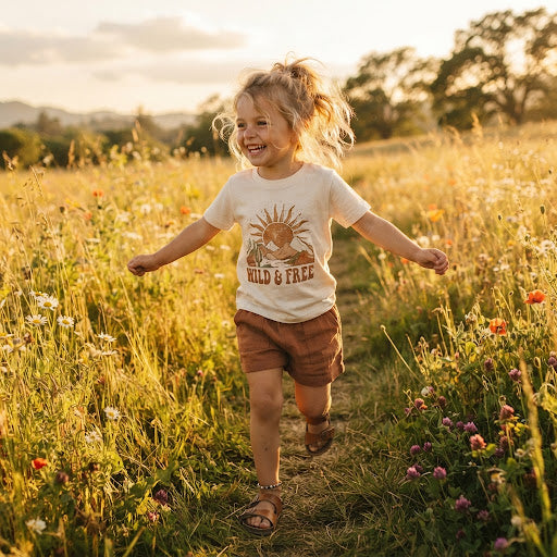 Child wearing a Lil Croptops tee in a warm natural-light room