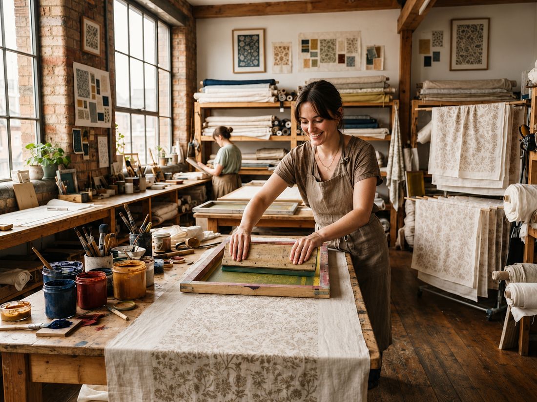 Warm boutique workspace with apparel and printing supplies
