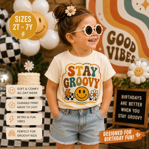 Stay Groovy Shirt, Retro Smiley Face Shirt, Toddler Graphic Tee, Boho Kids Shirt, Groovy Daisy Shirt, Vintage Rainbow Tee, Cute Kids Outfit