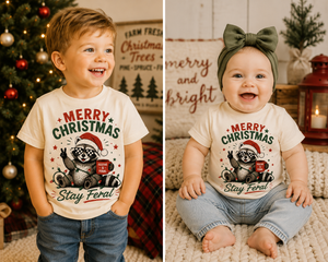 Funny Raccoon Christmas Shirt, Merry Christmas Stay Feral Tee, Retro Christmas Shirt for Kids, Baby Holiday Bodysuit, Toddler Christmas Outfit
