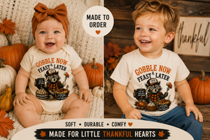 Funny Thanksgiving Raccoon Shirt, Gobble Now Feast Later Tee, Toddler Turkey Shirt, Baby Fall Bodysuit, Thanksgiving Outfit for Kids