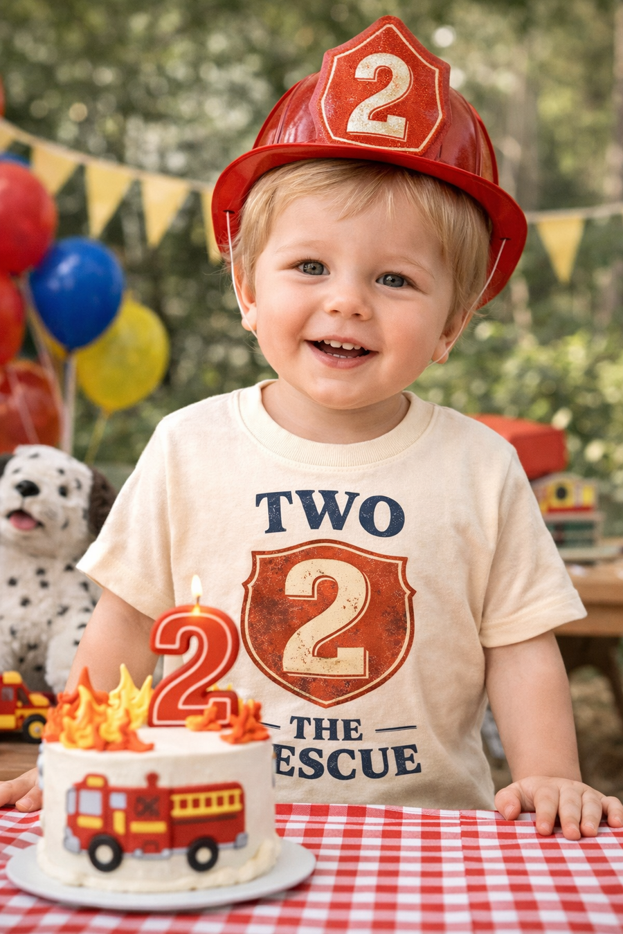 Toddler sitting by a birthday cake in a rescue tee