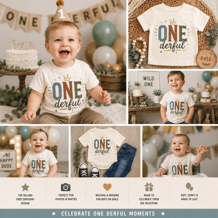 One-derful First Birthday Shirt, First Birthday Outfit, Neutral Birthday Shirt, Cake Smash Outfit, One Year Old Shirt, Birthday Boy Girl Tee