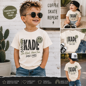 Personalized Kids Name Shirt, Custom Name Toddler Shirt, Personalized Boy Shirt, Custom Graphic Tee, Be Kind Have Fun Raise Chaos Shirt, Toddler Gift
