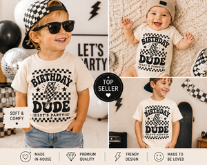 Birthday Shirt for Boys, Birthday Dude Toddler Tee, Kids Birthday Shirt, Checkered Birthday Outfit, Retro Birthday Boy Shirt