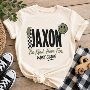 Personalized Kids Name Shirt, Custom Name Toddler Shirt, Personalized Boy Shirt, Custom Graphic Tee, Be Kind Have Fun Raise Chaos Shirt, Toddler Gift