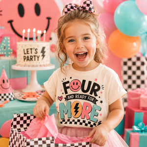 4th Birthday Shirt for Girls, Four and Ready for More Shirt, Girls 4th Birthday Outfit, Smiley Birthday Tee, Turning Four Shirt