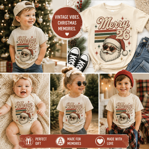 Kids Christmas Shirt 2026, Merry Christmas Toddler Tee, Vintage Santa Shirt, Baby Christmas Bodysuit, Retro Holiday Outfit for Kids